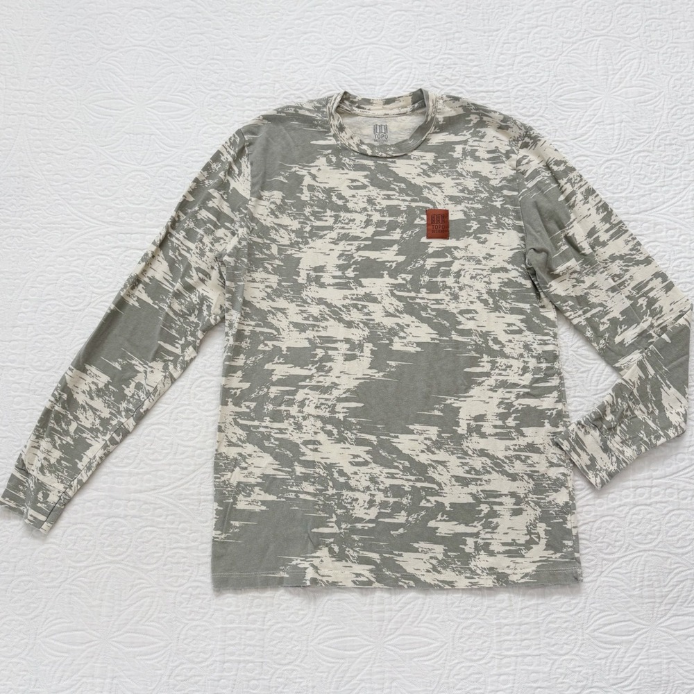 Topo Designs Splintered Print Label Long Sleeve Organic Cotton Tee Sz M